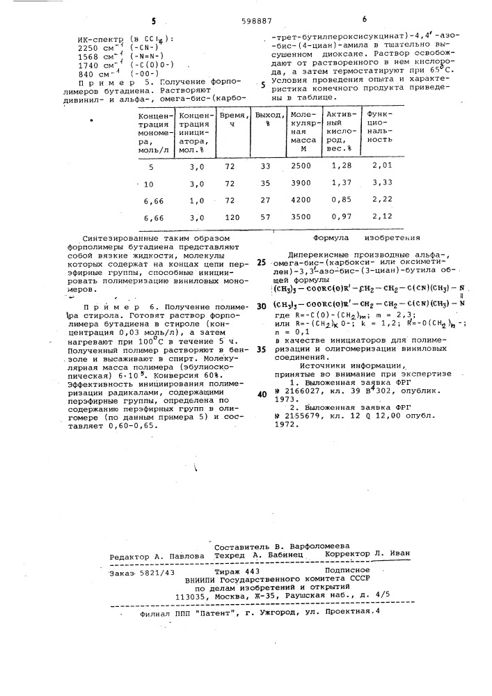 Диперекисные производные альфа=,омега=бис(карбокси= или оксиметилен)=3,3 =азо=бис(3=циан)бутила b качествеинициаторов для полимеризации и олиго-меризации виниловых соединений (патент 598887)