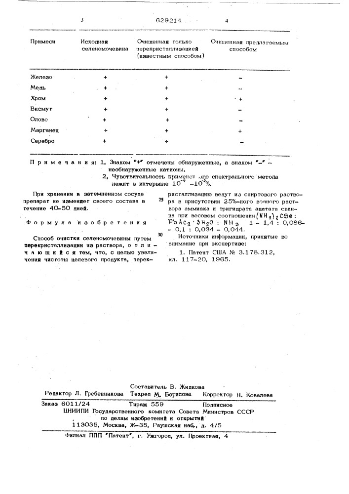 Способ очистки селеномочевины (патент 629214)