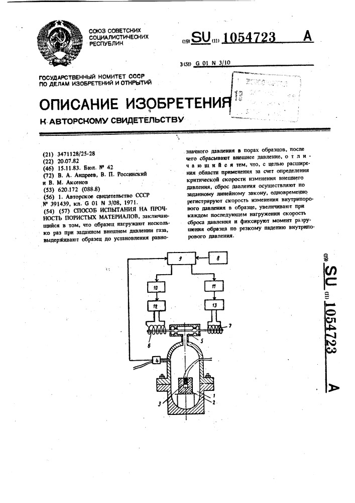 Способ испытания на прочность пористых материалов (патент 1054723)