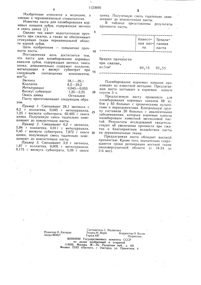 Паста для пломбирования корневых каналов зубов (патент 1123695)