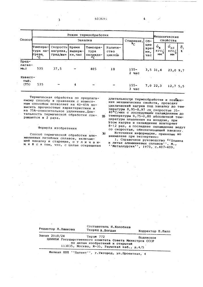 Способ термической обработки алюминиевых литейных сплавов (патент 603695)