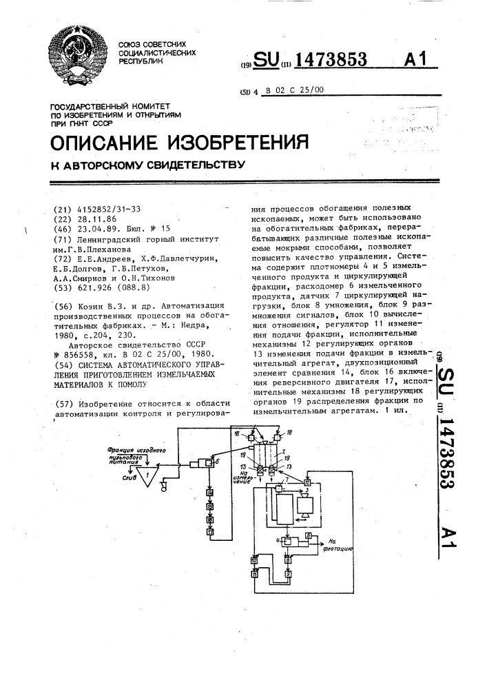 Система автоматического управления приготовлением измельчаемых материалов к помолу (патент 1473853)