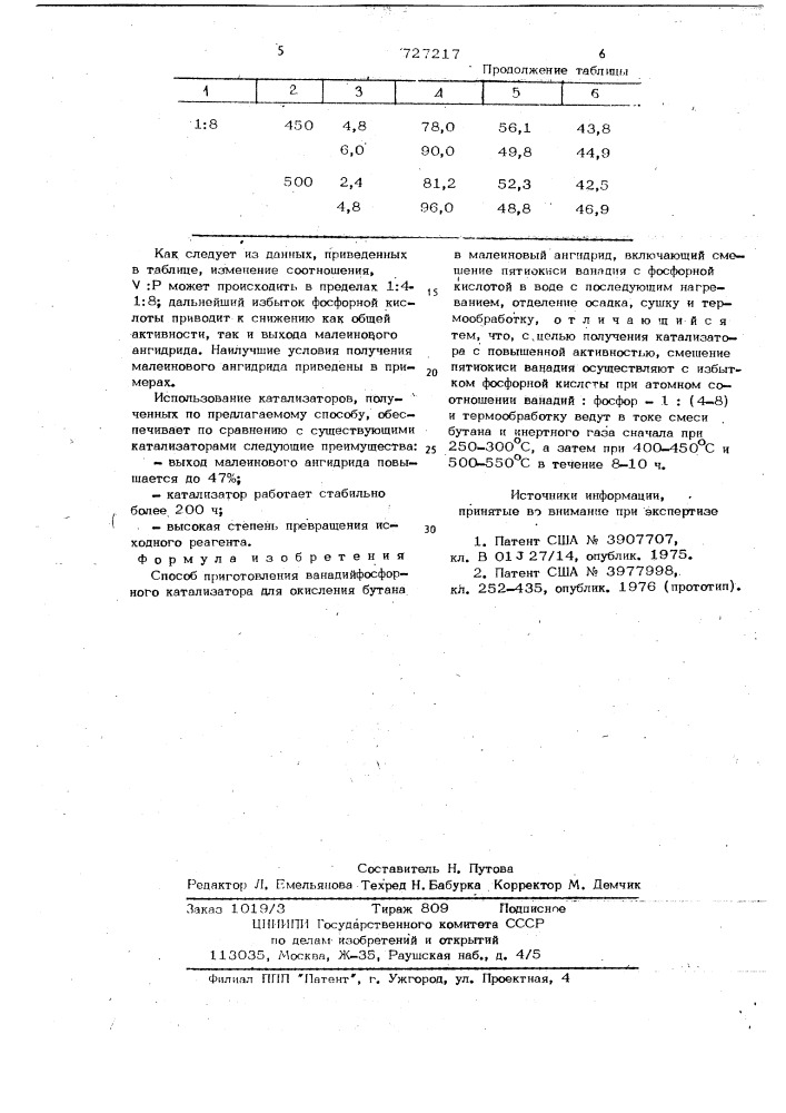 Способ приготовления ванадий-фосфорного катализатора для окисления бутана в малеиновый ангидрид (патент 727217)
