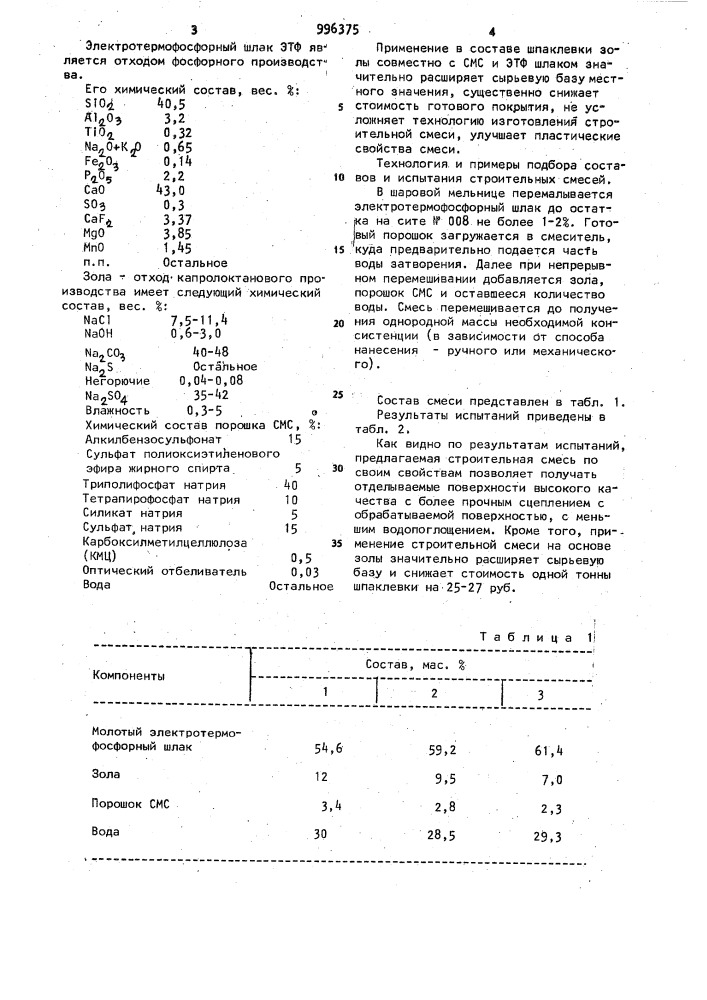 Строительная смесь (патент 996375)