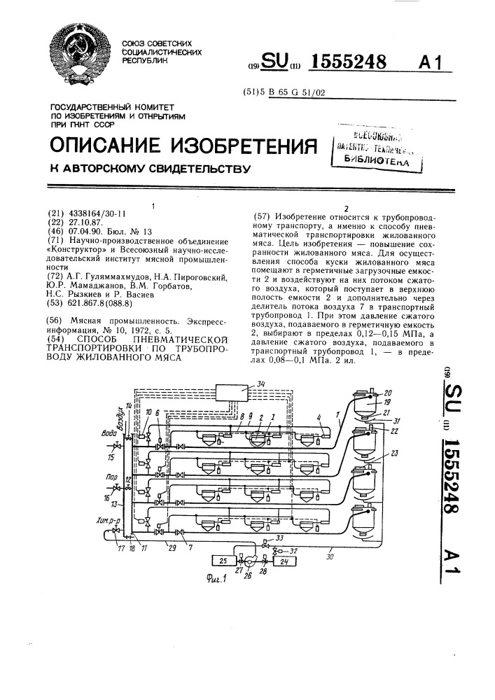 Способ пневматической транспортировки по трубопроводу жилованного мяса (патент 1555248)