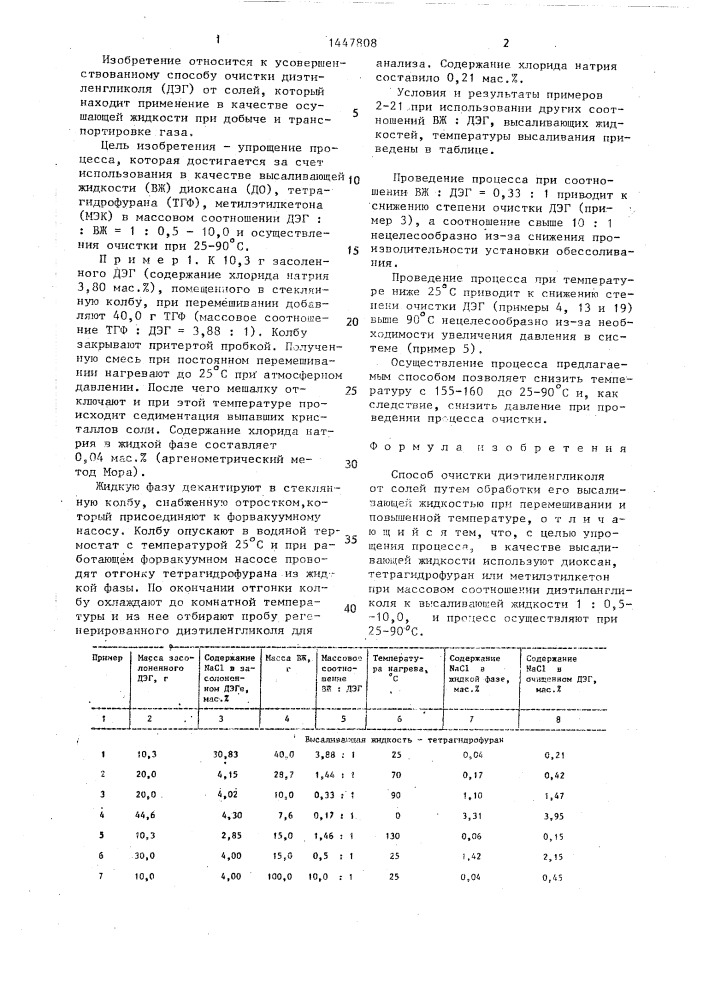 Способ очистки диэтиленгликоля от солей (патент 1447808)