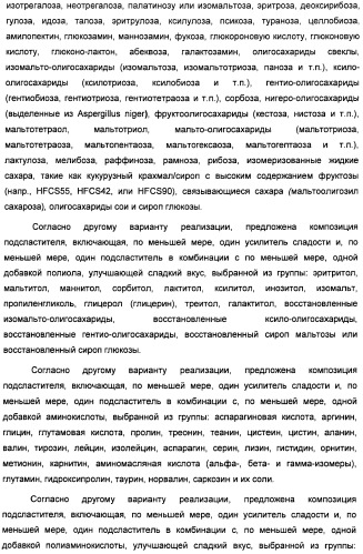 Композиции подсластителя, обладающие повышенной степенью сладости и улучшенными временными и/или вкусовыми характеристиками (патент 2459435)