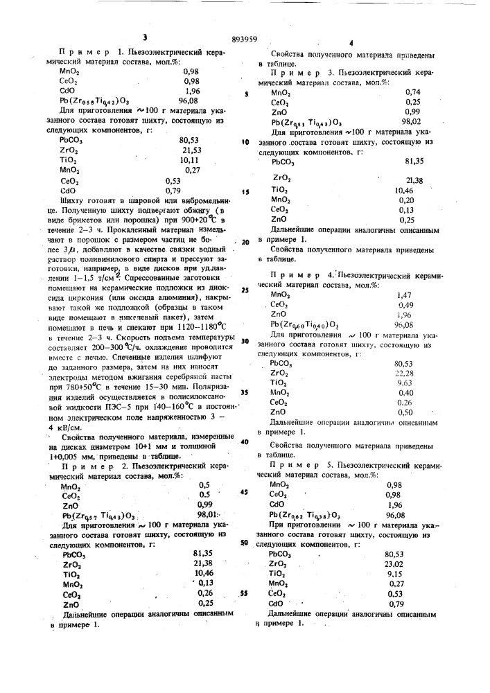 Пьезоэлектрический керамический материал (патент 893959)