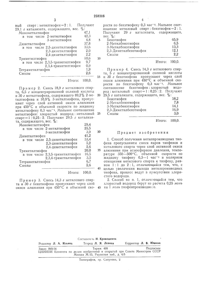Способ получения метилпроизводных тиофена (патент 258316)