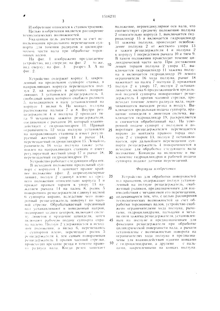 Устройство для обработки поверхностей тел вращения (патент 1516231)
