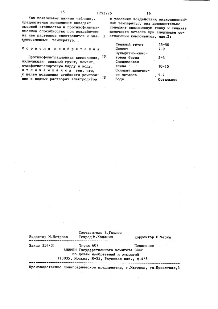 Противофильтрационная композиция (патент 1293275)