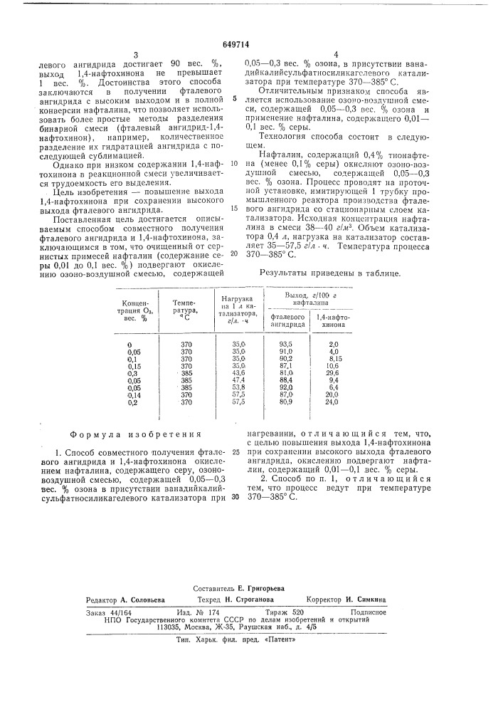 Способ совместного получения фталевого ангидрида и 1,4- нафтохинона (патент 649714)