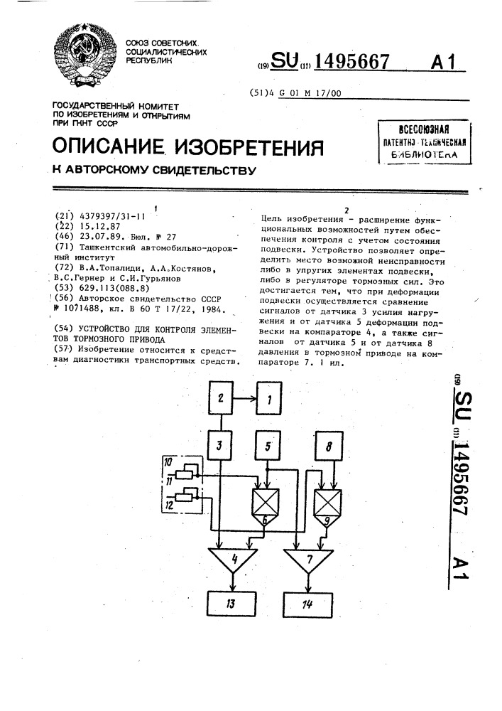 Устройство для контроля элементов тормозного привода (патент 1495667)