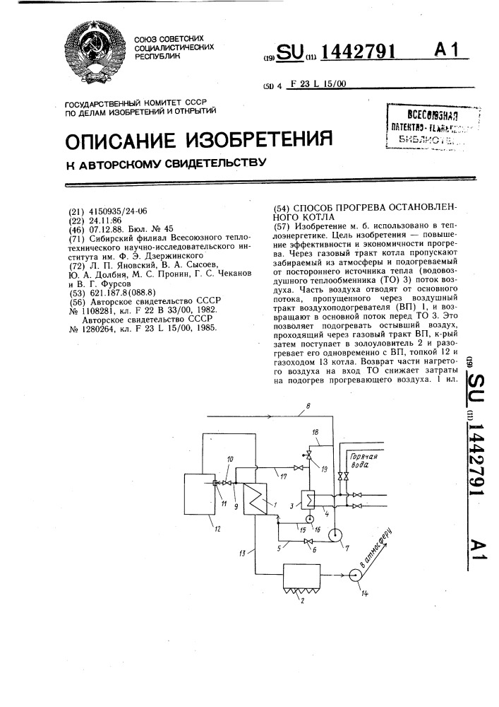 Способ прогрева остановленного котла (патент 1442791)