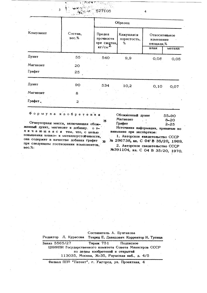 Огнеупорная масса (патент 627105)