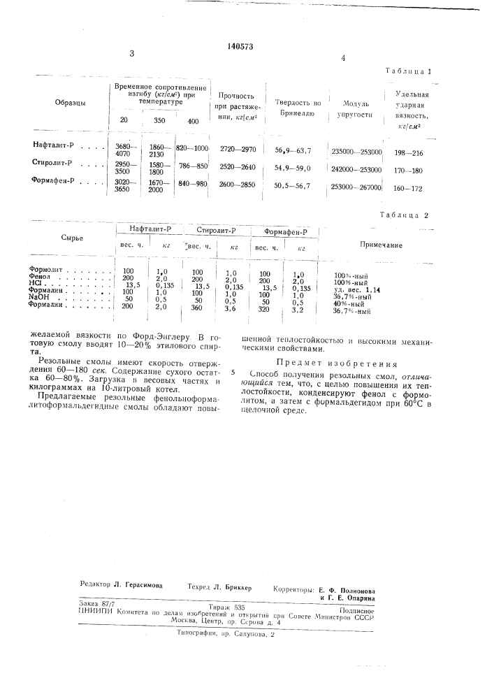 Способ получения резольных смол (патент 140573)
