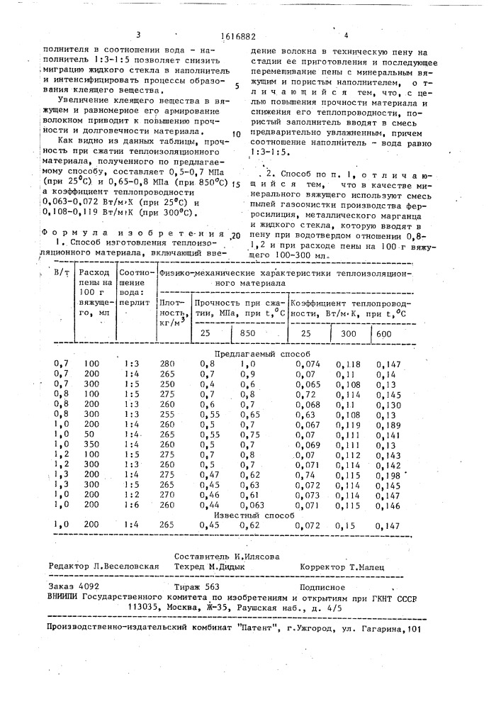 Способ изготовления теплоизоляционного материала (патент 1616882)