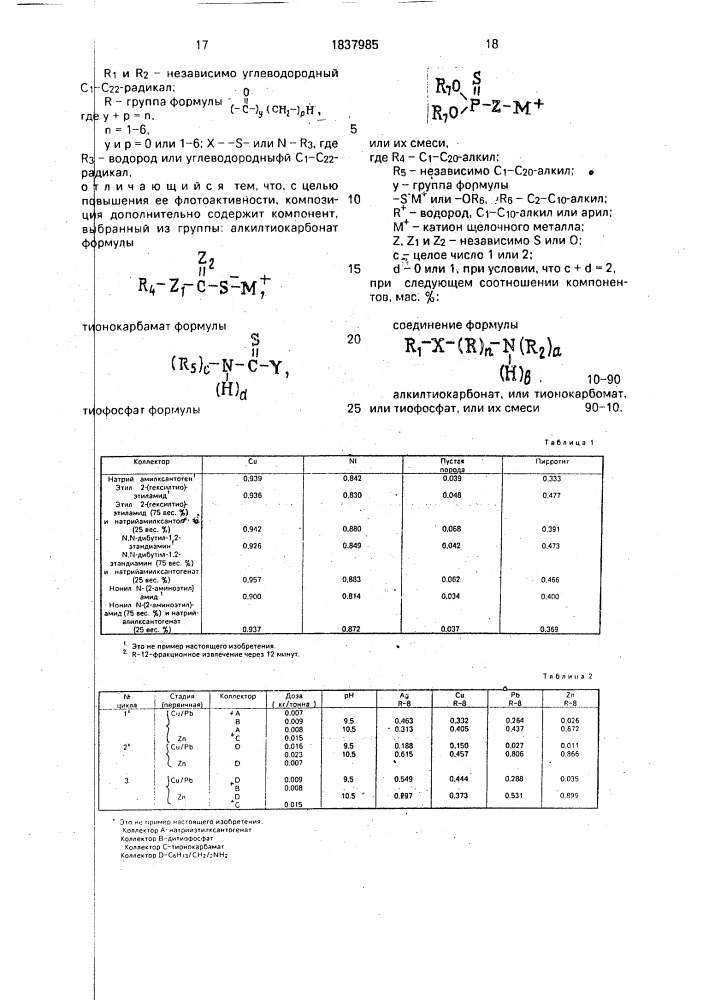 Коллекторная композиция для пенной флотации металлосодержащих минералов (патент 1837985)