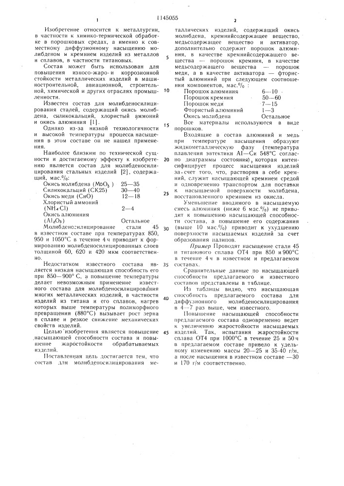 Состав для молибденосилицирования металлических изделий (патент 1145055)