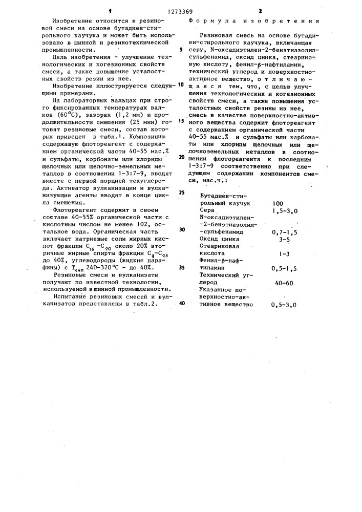 Резиновая смесь на основе бутадиен-стирольного каучука (патент 1273369)