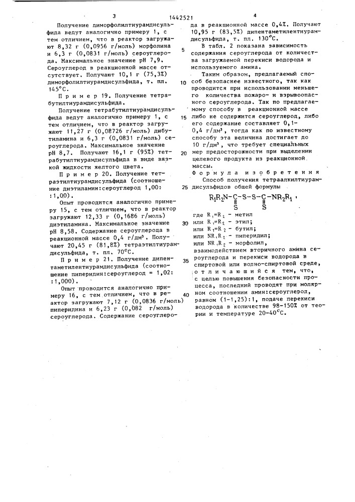Способ получения тетраалкилтиурамдисульфидов (патент 1442521)