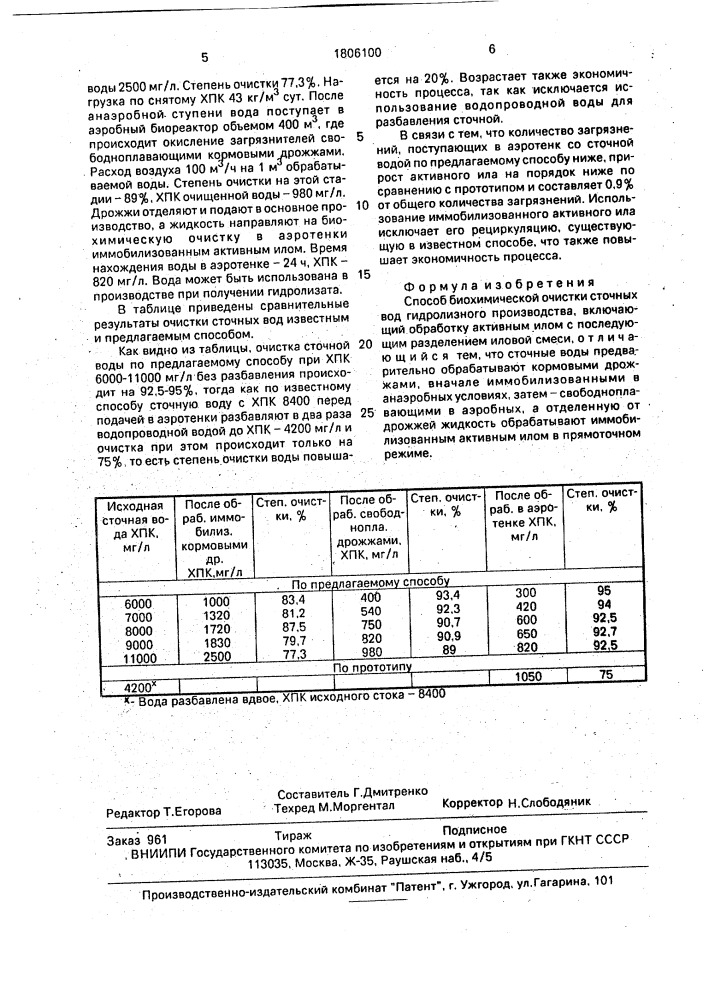 Способ биохимической очистки сточных вод гидролизного производства (патент 1806100)