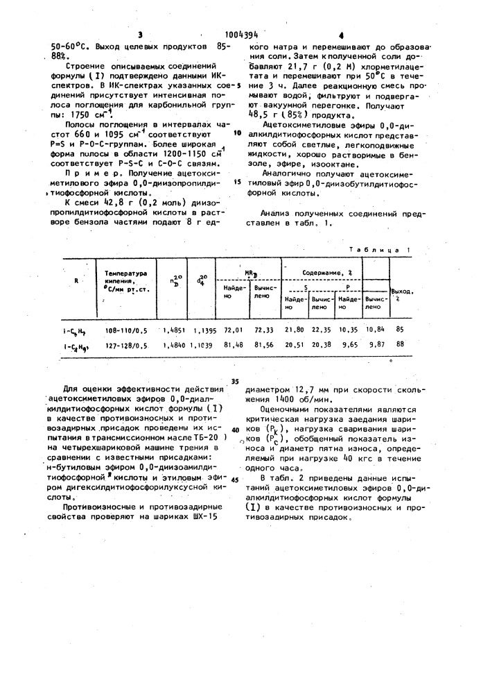 Ацетоксиметиловые эфиры 0,0-диалкилдитиофосфорных кислот в качестве противоизносных и противозадирных присадок к смазочным маслам (патент 1004394)