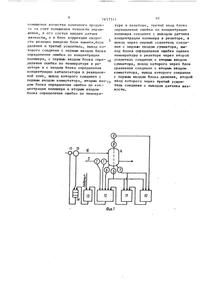 Устройство автоматического управления процессом растворной полимеризации (патент 1657511)