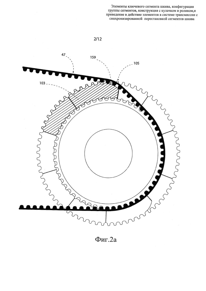 Элементы ключевого сегмента шкива, конфигурация группы сегментов, конструкция с кулачком и роликом и приведение в действие элементов в системе трансмиссии с синхронизированной перестановкой сегментов шкива (патент 2627231)