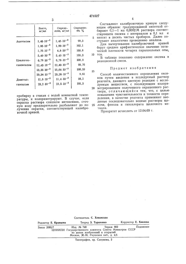 Способ количественного определения оксимов (патент 471527)