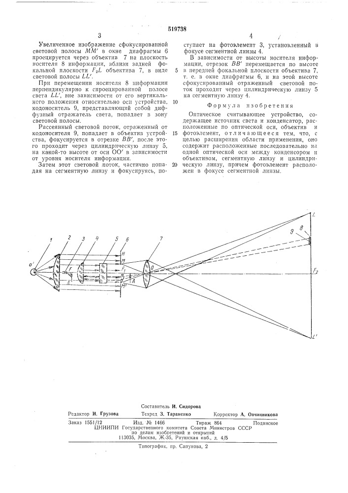 Оптическое считывающее устройство (патент 519738)