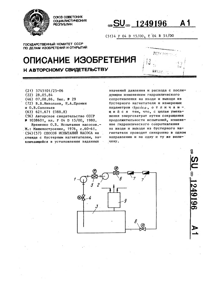 Способ испытаний насоса (патент 1249196)