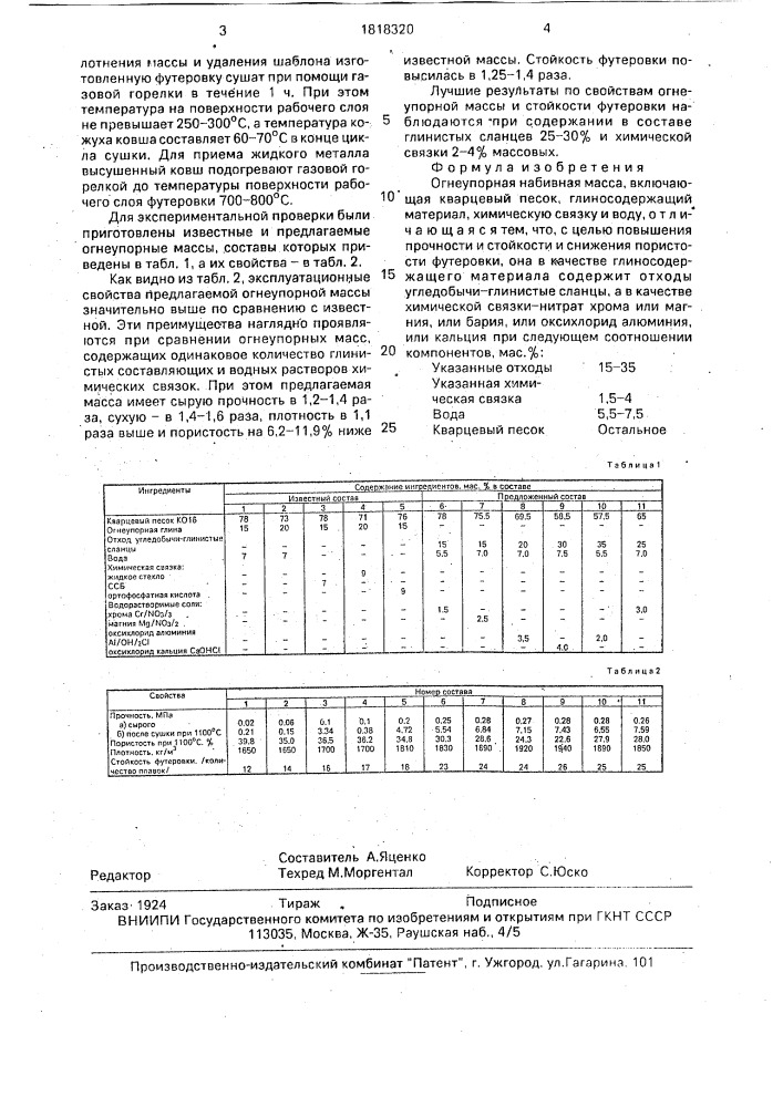 Огнеупорная набивная масса (патент 1818320)