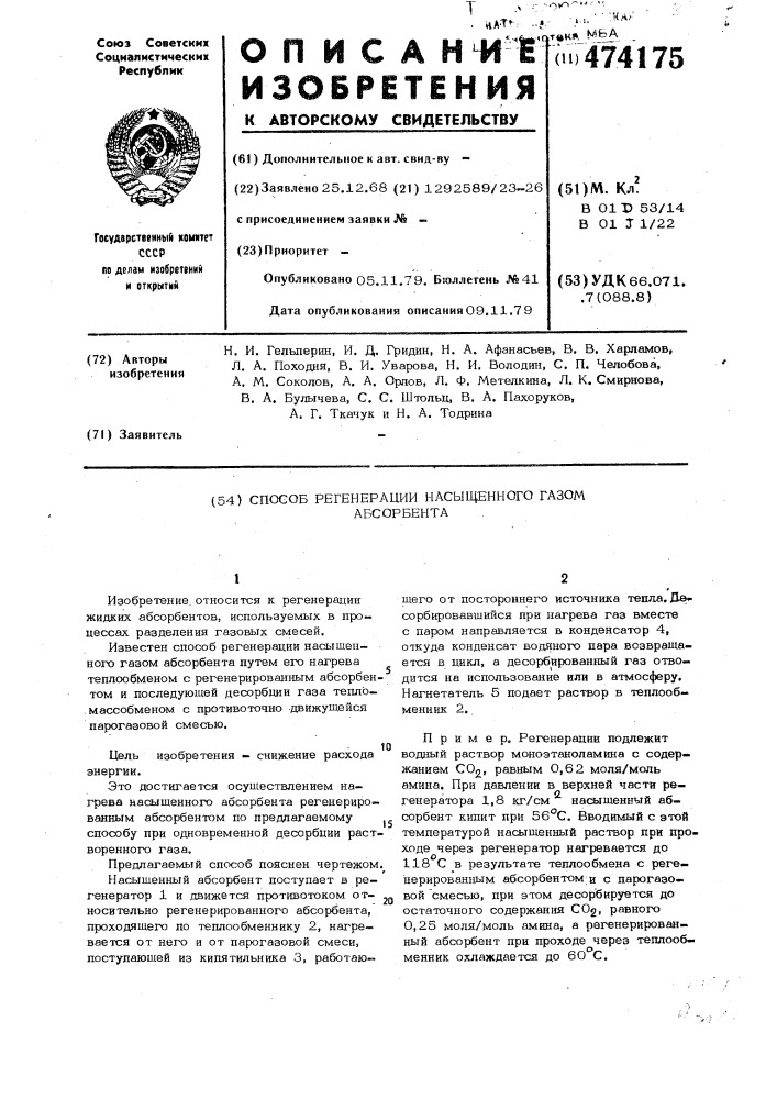 Способ регенерации абсорбента (патент 474175)