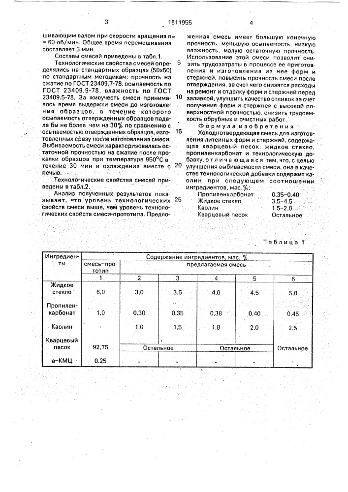 Холоднотвердеющая смесь для изготовления литейных форм и стержней (патент 1811955)