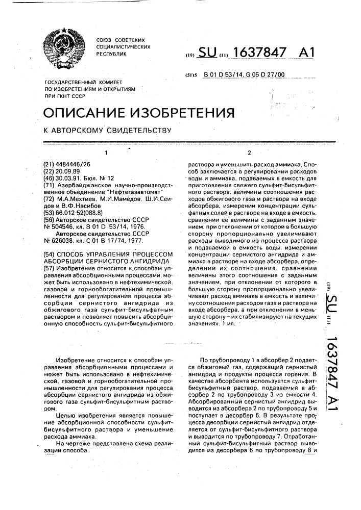 Способ управления процессом абсорбции сернистого ангидрида (патент 1637847)