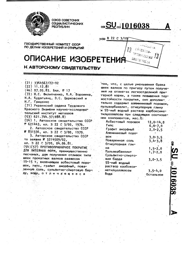 Противопригарное покрытие для литейных форм (патент 1016038)