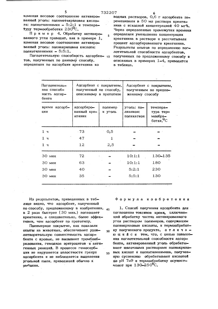 Способ получения адсорбента для поглощения токсинов крови (патент 732207)