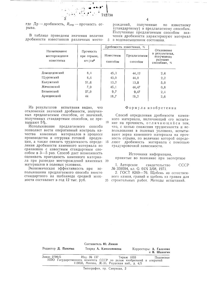 Способ определения дробимости каменного материала (патент 712730)