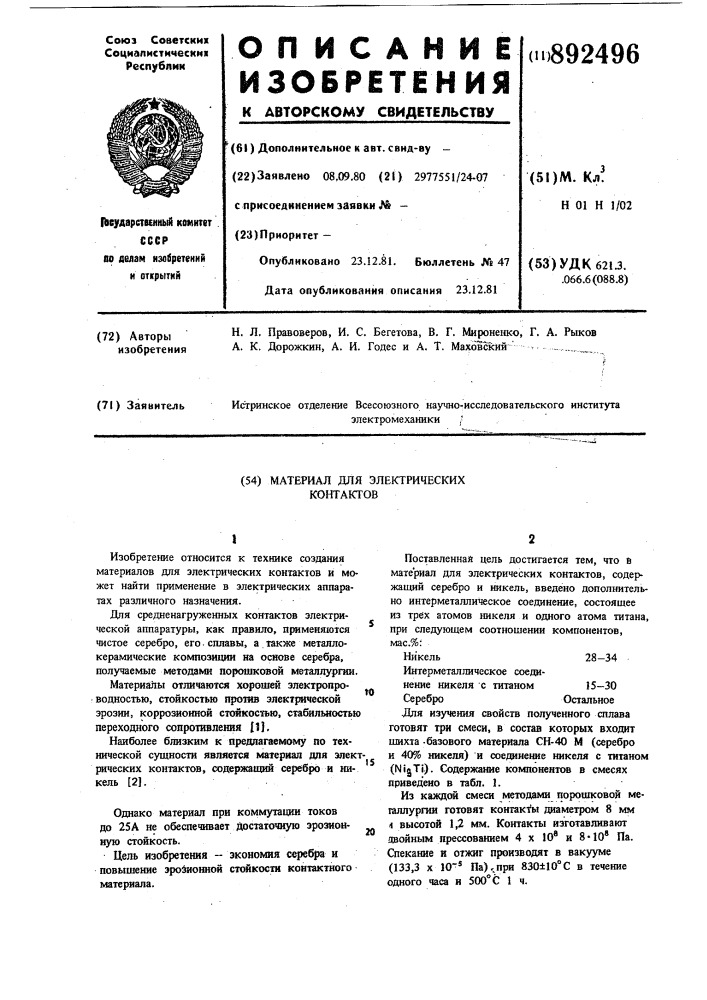 Материал для электрических контактов (патент 892496)