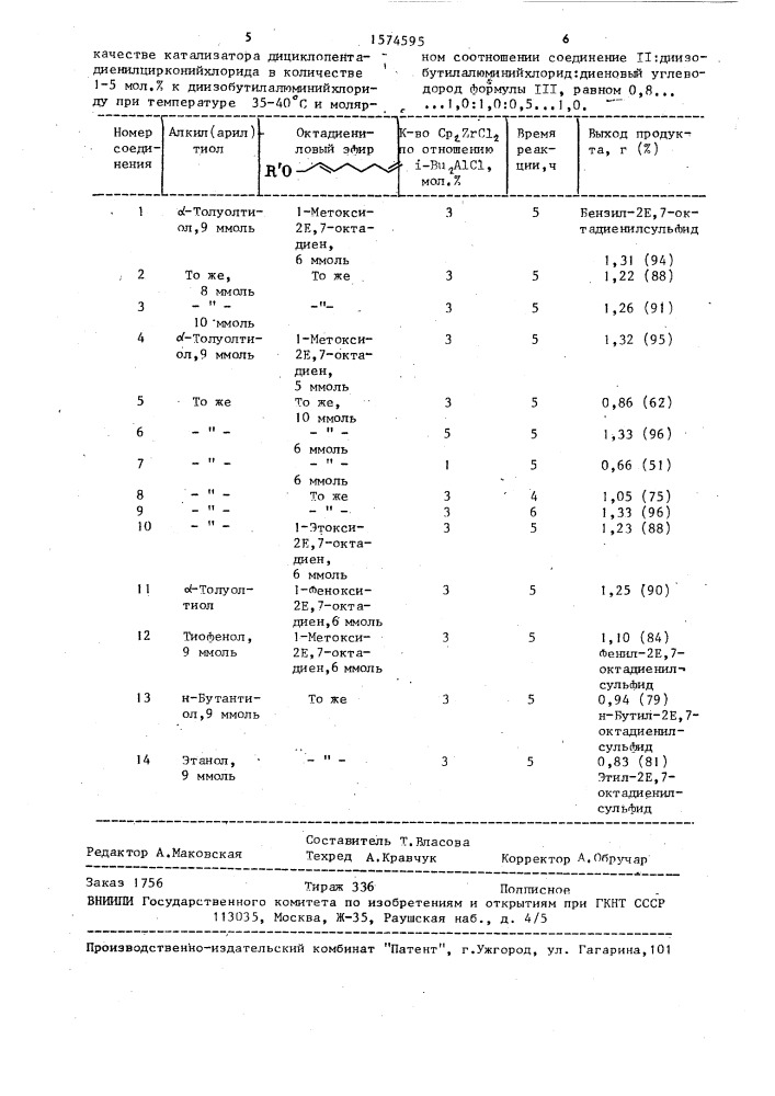 Способ получения алкил(арил)-2е,7-октадиенилсульфидов (патент 1574595)