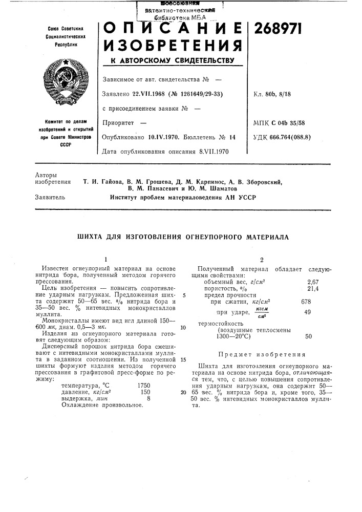 Шихта для изготовления огнеупорного материала (патент 268971)