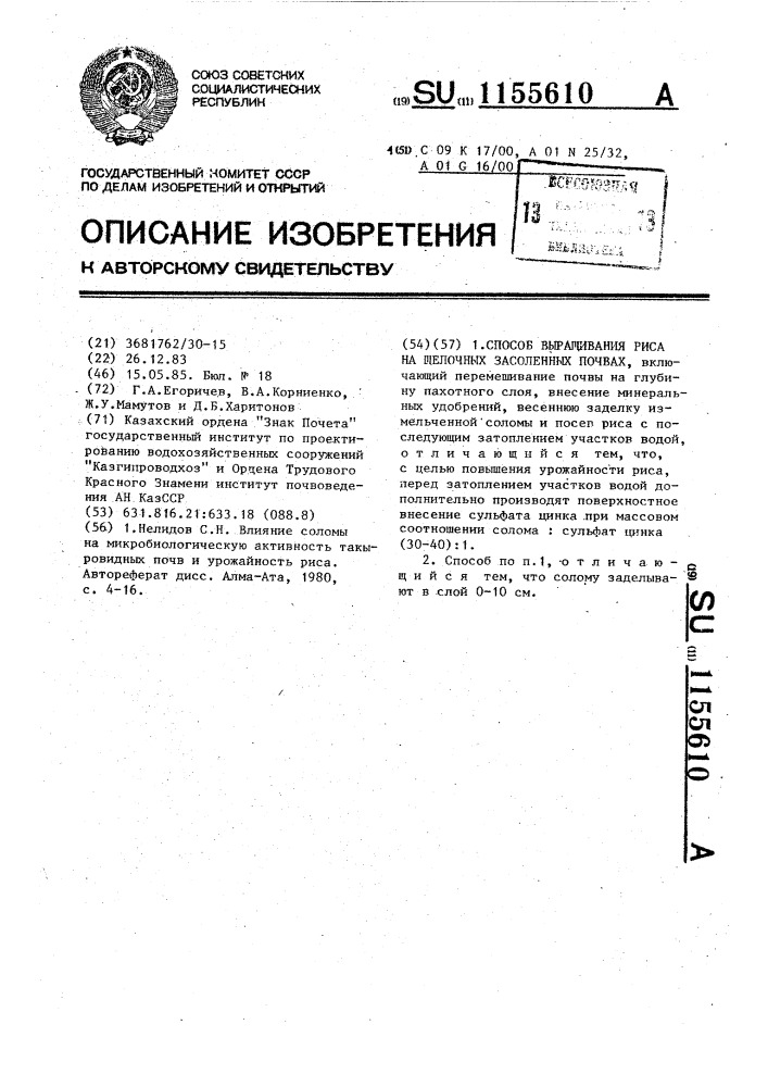 Способ выращивания риса на щелочных засоленных почвах (патент 1155610)