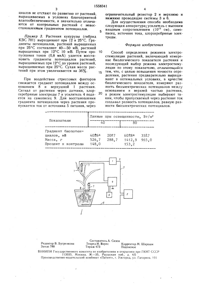 Способ определения режимов электростимуляции растений (патент 1558341)