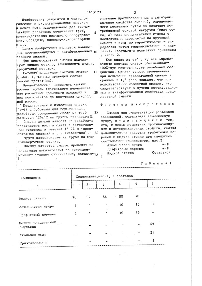 Смазка для герметизации резьбовых соединений (патент 1413123)