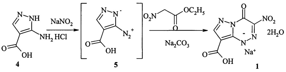 Натриевая соль 3-нитро-4-оксо-1,4-дигидропиразоло[5,1-с]-1,2,4-триазин-8-карбоновой кислоты, дигидрат (патент 2641107)