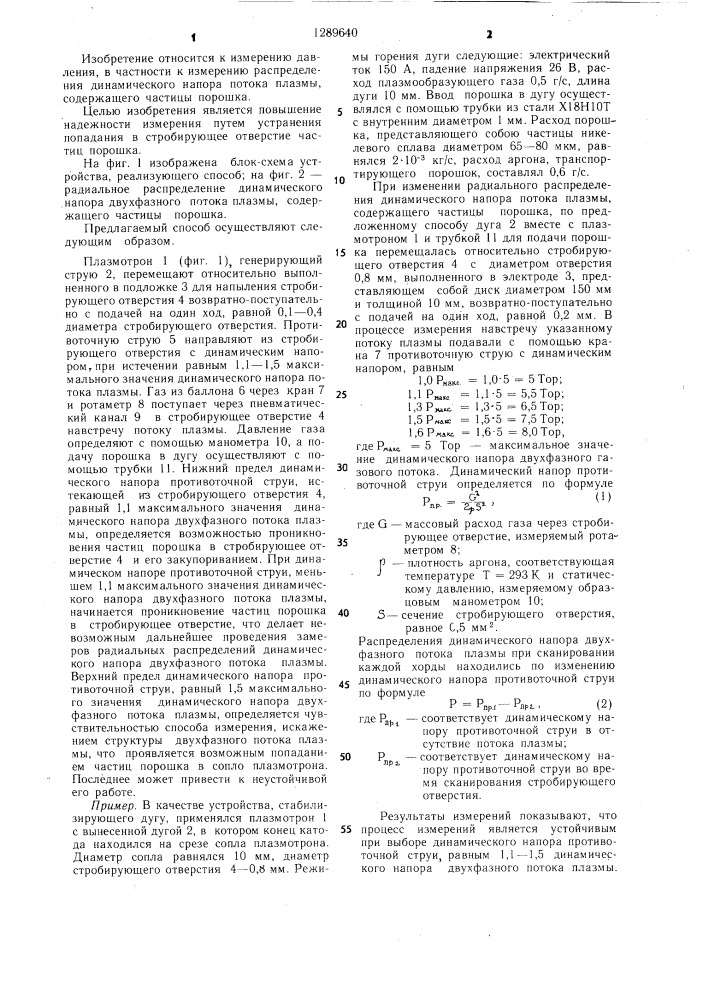 Способ измерения радиального распределения динамического напора электрической дуги (патент 1289640)