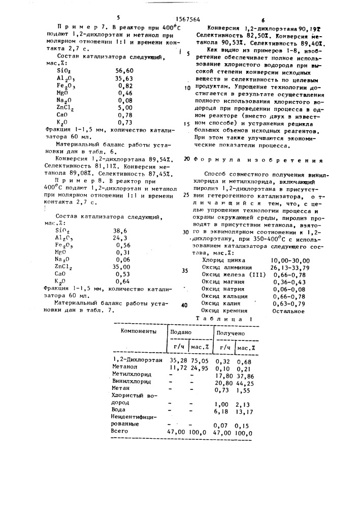 Способ совместного получения винилхлорида и метилхлорида (патент 1567564)