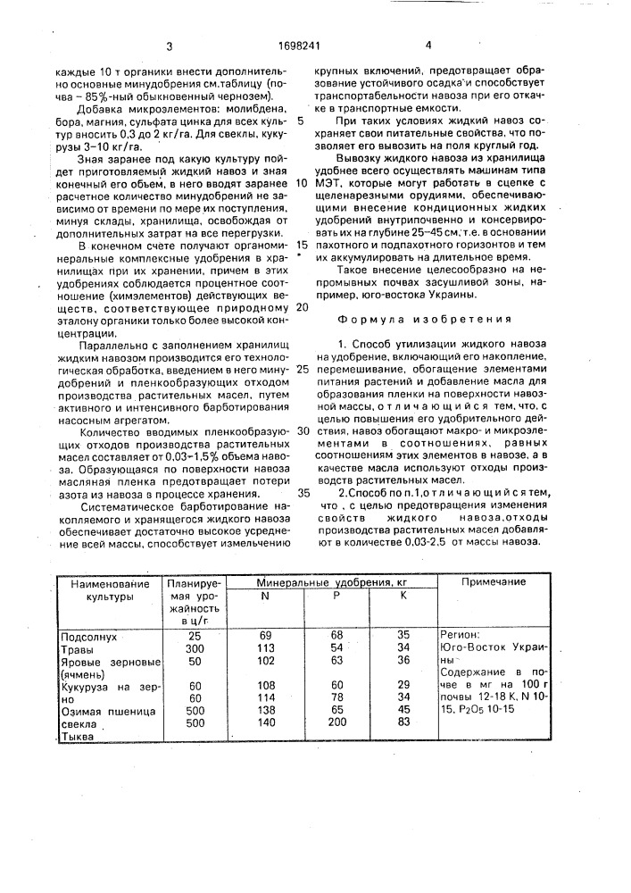 Способ утилизации жидкого навоза (патент 1698241)
