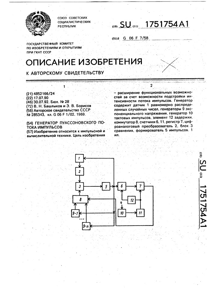 Генератор пуассоновского потока импульсов (патент 1751754)